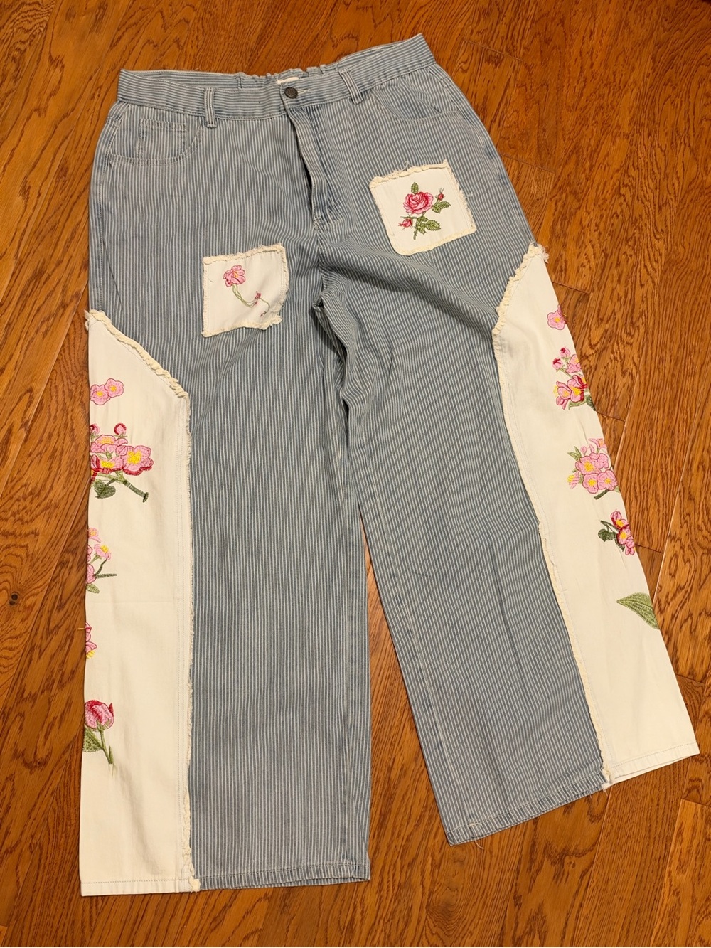 Pol Blue Pinstripe Wide-Leg Jeans with Cream Floral Patches